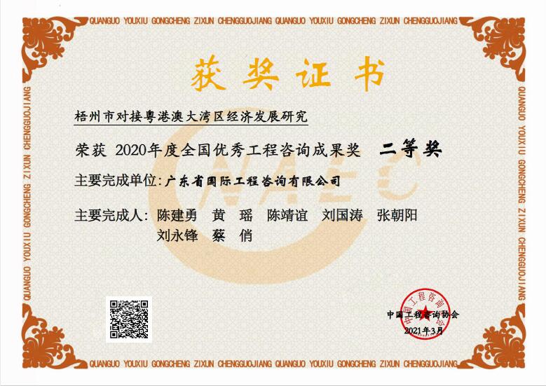全國優(yōu)秀工程咨詢成果二等獎-梧州市對接粵港澳大灣區(qū)經(jīng)濟(jì)發(fā)展研究